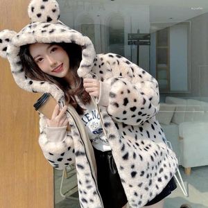 Women's Fur Winter Women Faux Coat Leopard Print Plush Hooded Jacket Fashion Sweet Soft Thick Warm Outwear Streetwear 2023