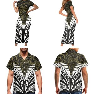 Grundläggande avslappnade klänningar Polynesiska tribal Pohnpei Totem Tatuering tryck Par Kläder Summer Long Bodycon Tee Shirt Dress Royal Art Matchande Paruppsättningar 231020