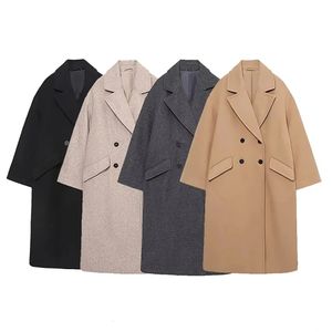 Womens Wool Blends Women Autumn Winter Woolen Coat Thick Long Coats Vintage V Neck Sleeve Pockets Jackets Fashion Elegant Female Overcoat 231020