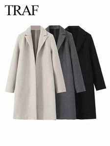 Женское полушерстяное пальто TRAF 2023, осень-зима, женское элегантное пальто с длинными рукавами, женское винтажное однотонное теплое пальто с лацканами, пальто, одежда 231020
