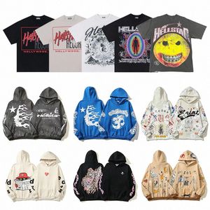 Hellstar Hoodies 디자이너 셔츠 남성 느슨한 까마귀 티 티 셔츠 래퍼 세척 회색 무거운 공예 유니에 렉스 짧은 슬리브 여성 풀오버 Tshirts top thes tops as us us size