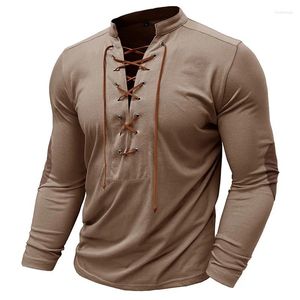 Homens camisetas Vintage Stand Collar Drawstring Camisa Homens Casual Manga Longa Patchwork Lace-up Top Fall Mens Roupas Moda Solta T-shirts
