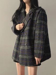 Womens Wool Blends Brown Green Patchwork Plaid Woolen Blazer Coat Winter Korean Vintage Loose Double Breasted Suit Collar Jacket Thick Chic 231021