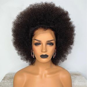 Kort mongolisk kinky lockigt mänskligt hår peruker för plucked pixie skurna afro lockig peruk 13x1 transparent spetsfront peruker