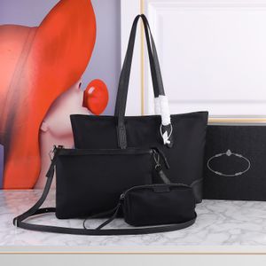 Handväska Designer Bag 21Tote Shopping Bag Women's Crossbody Bag Nylon Tygväska med Saffiano Leather Long Hold Bag Black Three-Piece stor kapacitet Handväska 38cmx33cm