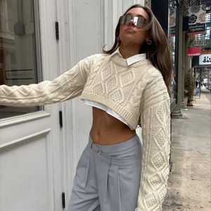 SWEATER Kobiety Moda przycięty na dzianinowy sweter stały kolor okrągły szyja długie rękawy pulloczy sprężynowe jesienne topy 231020