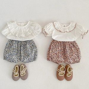 Set di abbigliamento Set per neonata a maniche corte in cotone con volant Camicia Pantaloncini Abiti estivi per bambini Completo per bambina