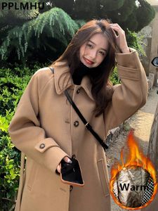 Kvinnors ullblandningar förtjockar lång ull bomull vadderad rockar kvinnor vinter varm avslappnad lös blandningsjackor koreanska klassiska casaco med bälte parkas 231021