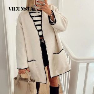 Mulheres misturas de lã escritório senhoras com decote em v temperamento casaco inverno moda contraste cor casaco de lã feminino elegante rua solta grande bolso jaqueta 231020