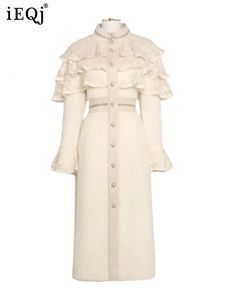 Women' Blends IEQJ Elegant Luxury Mink Fur Woolen Long OverCoat Lace Ruffle Slim Flare Sleeve Party Coat 2023 Winter Clothe 3WQ1403 231021