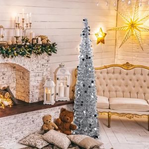 1 Stück, 5 Fuß Pop-Up-Weihnachts-Lametta-Baum mit Ständer, silbriger Lametta-Küsten-Weihnachtsbaum, wunderschöner zusammenklappbarer künstlicher Weihnachtsbaum, Mottoparty-Dekoration