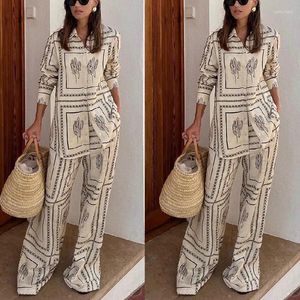 Women's Two Piece Pants Fashion Printed Shirt Pant 2 Pieces Set Women Long Sleeve Turn-down Collar Button Shirts Straight Wide Leg Trousers