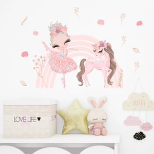 Adesivos de parede desenho animado rosa bailarina menina unicórnio ramo -íris adesivos de parede para crianças quarto garotas meninas quarto decalques de parede de decalques da sala interior 231020