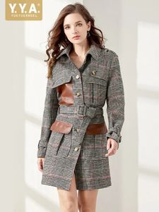 Kvinnors ullblandning Autumn Winter Woolen Blend Coat Office Lady Vintage Lattice Windbreaker Jacket Single Breasted Women Casual Overroco Outerwear 231020