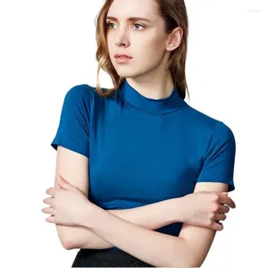 Kvinnor BLOUSES 2023 Fashion Short Sleeve Women Shirts Brand Cotton Half Turtleneck Tops For High Elasticity Sticked T-Shirts 10 Color