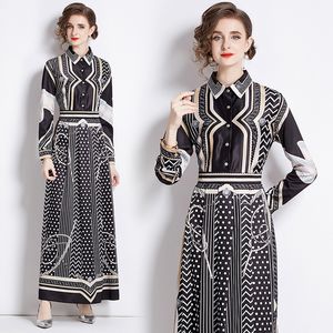 Autunno Inverno Maxi abito nero per le donne Designer elegante stampa bavero abiti camicia sottile 2023 manica lunga vacanza vestibilità e svasatura partito abiti increspati Vestidos Robe