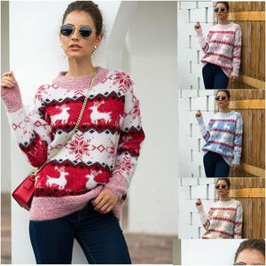 Autumn Winter Ful Christmas Sweater Women Snowflake Elk Print Sticked Jumper Plover Holiday Crew Neck Sweaters Drop Delivery