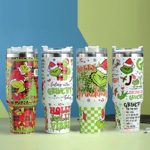 Desinger 40oz Kupa Tumbler Saplamalı Noel Tasarımları Su Şişesi Tumblers Saman Paslanmaz Çelik Kahve Termos Kupası