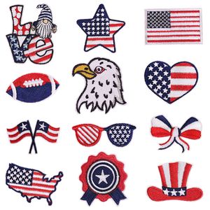 Anpassad logotyp DIY USA Flag Baseball Map Star Heart Love Glasses Embroidery Patches Iron On America Independence Day Stickers Stripe Badge