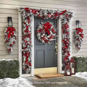 Red and White Holiday Trim Front Door Wreath Christmas Home Restaurant Decoration