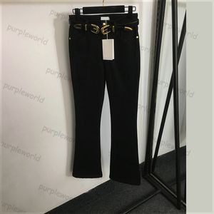 Bell Bottoms Womens Hardware Belt Design High Waisted Fashion Flared Denim Black Pants