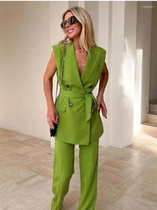 Abiti da uomo XS-5XL Verde Moda Donna Blazer Pantaloni Due pezzi Svasato Set formale Office Ladies Abbinamento colori Bottoni aziendali
