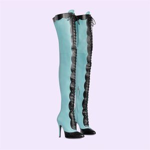 2023 Damen Leder Martin Booties Stiletto High Heels Langer Stiefel Mix Farbe Stiefel Damen Oberschenkelhohe Booties Plünderungszehen Kreuzgebundene Hochzeitsschuhe Reißverschluss Schnürung Größe 35-45