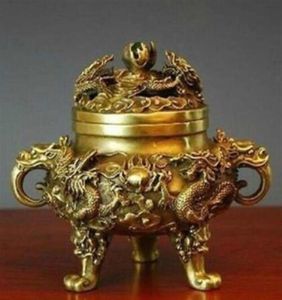 decoration bronze factory Pure Brass Antique Exquisite Collectible Chinese Brass Dragons Incense Burner277M7586575