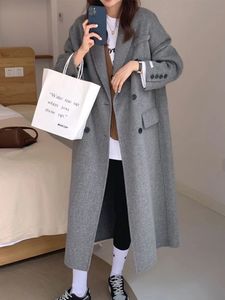 Mulheres misturas de lã inverno longo casaco feminino grosso quente jaqueta feminina moda coreana solta outwear senhoras casual manga cardigan casacos 231020