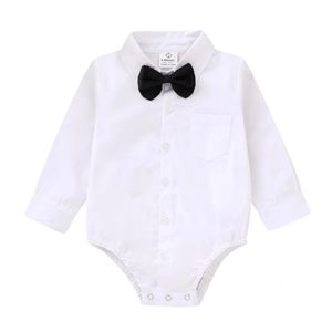 Rompers sommar spädbarn baby pojkar formell klänning skjorta långärmad knapp upp romper jumpsuit bröllop fest 0 24m 231021