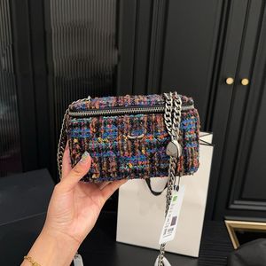 Colorful Tweed Wool Knitting Women Designer Vanity Box Bag with Mirror Heart Buckle Silver Metal Hardware Chain 17x10cm Cosmetic Case Purse Cross Body Handbag