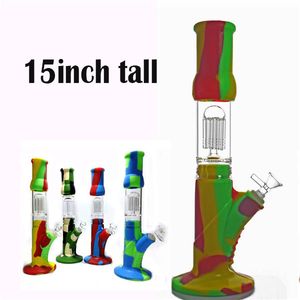 15 polegadas de altura cachimbo de vidro bongs 8 braço árvore percolador silicone mão fumar água bong 14mm dab rig ashcatcher bong