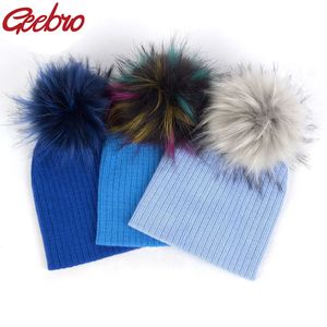 Wide Brim Hats Bucket Geebro Winter Fashion Baby Boys Girls Faux Fur pompom Soft Caps Kids Childs Wool Knitted Skullies Beanies 231020