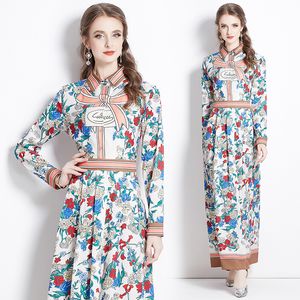 2023 Floral Maxi Dress for Women Designer Long Sleeve Fashion Print Slim Vacation Dresses Autumn Winter Lapel White Shirt Frocks Plus Size Robe Party Vestidos