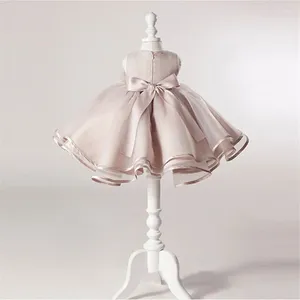 Flickaklänningar Tutu Korean ärmlös Bow Dress Kids Baby Princess Kläder Solid O-Neck 2023 Summer Children's Costume