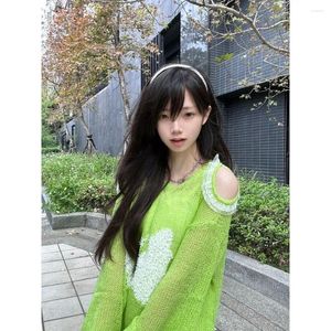 Women's Sweaters Small Fresh Autumn Fashion Hollow Loose Lazy Women Top Off Shoulder French Sweet Spicy Girl Green Thin Pullover