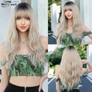 Syntetyczne peruki długie falistą syntetyczną perukę z grzywką ciemne korzenie Ombre Ash Blonde Blonde Peruki dla kobiet naturalne perukę odporne na ciepło Fałszywe włosy codzienne stosowanie Q231021