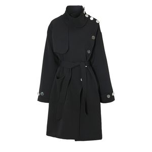 C1016 Women Black Button Big Size Long Trench New Stand Collar Long Sleeve Windbreaker Fashion Tide Spring Autumn
