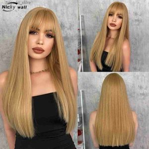 Syntetiska peruker Blond Lång rak peruk Syntetik med Bangs Natural Hairfin Wig High Ligh Lights Black Brow Pink Wig For Women Daily Cosplay Party Q231021