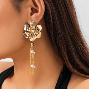 Baumeln Ohrringe Große Blume Imitation Perle Und Metall Ketten Quasten Tropfen Für Frauen Elegante Lange Hängen 2023 Mode Schmuck