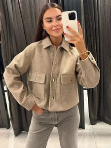 Womens Wool Blends Sltnx TRAF Fashion Jacket Chic Turndown Collar With Button Autumn Winter Coat Ladies Elegant Solid in Outerwear 231021