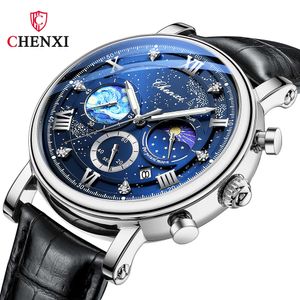 Chenxi Watches Men Leatherビジネスカジュアルクォーツ腕時計雄の明るいムーンフェーズクロノグラフのメンズギフトの時計