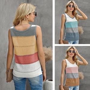 Women's Tanks Summer Knit V Neck Vest Women Sexy Hollow Color Block Striped Tank Tops Loose Casual Retro Fashion Patchwork Sleeveless Shirts
