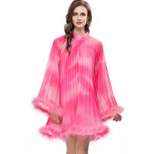 Women's Runway Dresses Stand Collar Long Sleeves Feathers Pleated Printed Loose Style Fashion Short Casual Vestidos