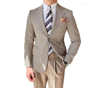 Męskie garnitury modne ubranie dla mężczyzn Khaki w kratę zjeść klapa jednokierunkowa 2 sztuki Slim Fit Suit Groom Wedding Formal Wear
