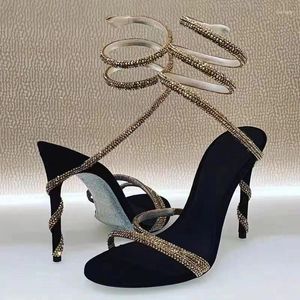 Sandals 2023 Luxury Women's Sexy Gold Rhinestone Snake Surrounding Crystal Contrast High Heels Banquet Wedding Shoes