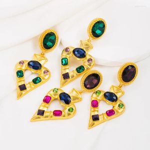 Dangle Earrings Vintage Yellow Gold Color Heart Statement Drop For Women Fuchsia Green Crystals Fancy Earring