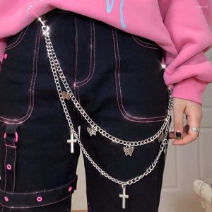 Cintos Jóias Festa Prata Cor Hip Hop Long Cross Belly Chain Calças Cinto Cintura Dupla Camada