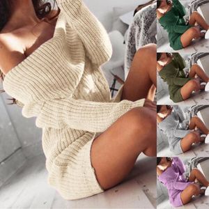 Casual Dresses Womens Sweater Dress Line Neck Off Shoulder Long Sleeve Hip Knit Loose