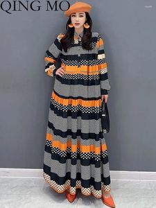 Casual Dresses QING MO 2023 Spring Autumn Long Color Block Loose Shirt Dress Women Fashion Trend Stripe Dot ZXF3825